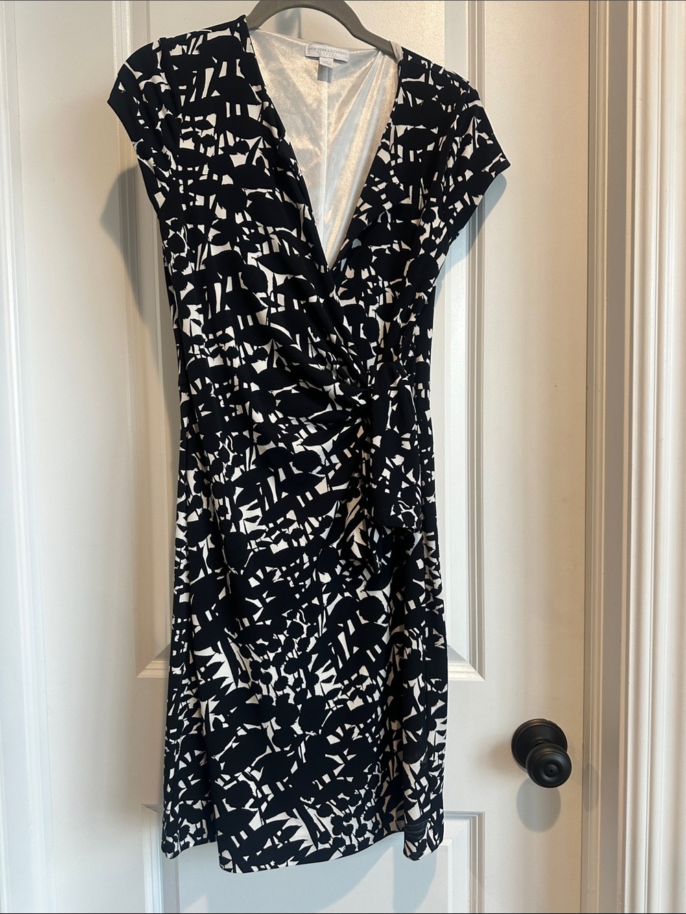 New York & Company Black and White Abstract Faux-Wrap Dress